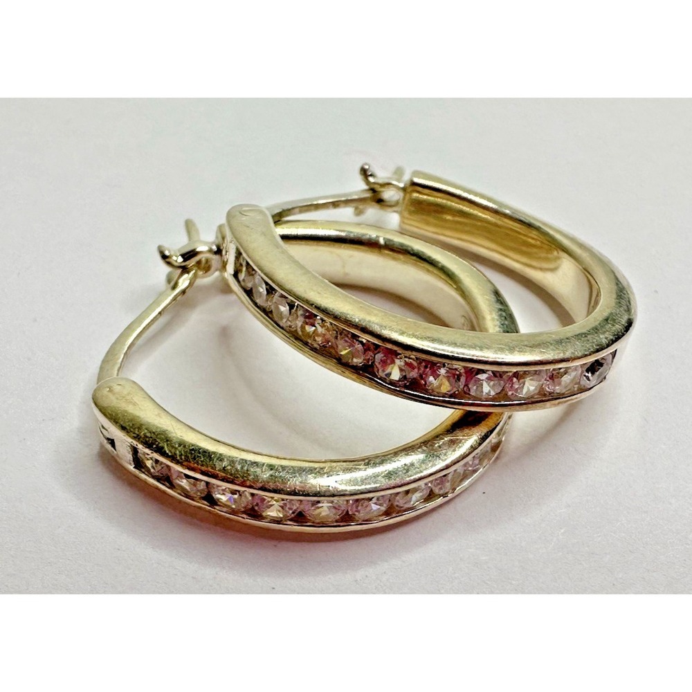 Sterling Silver Hoop Earrings CZ Channel Set Solid Hinged Signed 925